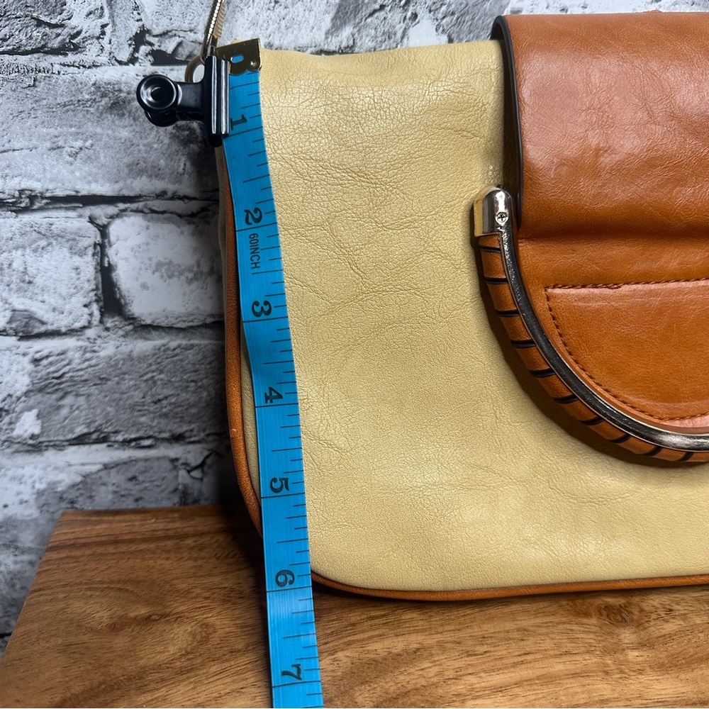 EUC Elegant Tan and Brown Women's Handbag with Gold Shoulder Chain Attachment - Picture 10 of 16